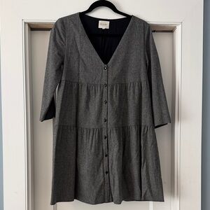 Sezane Charcoal Gray V‑Neck Button Tiered Dress